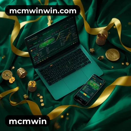 App mcmwin para iOS e Android — interface mobile, login biométrico e PIX integrado